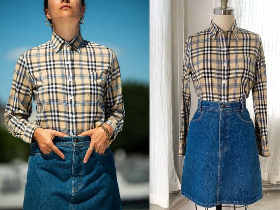 tan, black, blue and white plaid fitted button dow