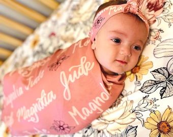 Personalized Baby Swaddle Blanket Custom Newborn Swaddle Set Baby Name Blanket Matching Headband Hat Set Floral Set Custom Theme Baby Gift