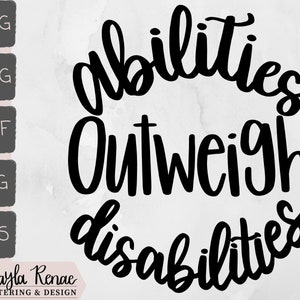 Puede incluir: Diseño gráfico en blanco y negro con el texto "abilities outweigh disabilities".