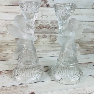 Vintage angel 3D cherubs candlestick holders, pair of clear frosted glass holders-home decor-table centerpiece-Christmas