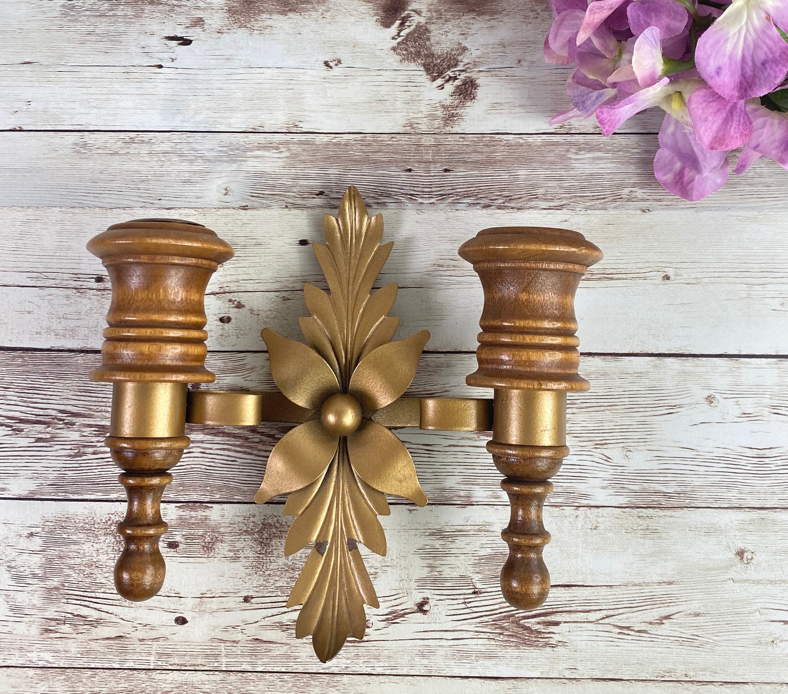Vintage Metal Wooden Double Candle Stick Sconces Wall Decor Wall Mount