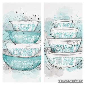 May include: Watercolor art print of stacked turquoise and white mixing bowls. The bowls feature a decorative pattern with figures and objects. The artwork has a watercolor background with black lines and splatters.