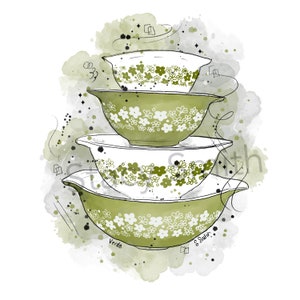 May include: An illustration of four green and white floral patterned mixing bowls stacked on top of each other. The bowls are in varying sizes, with a watercolor background in shades of green and gray. The word "Verde" is at the bottom.
