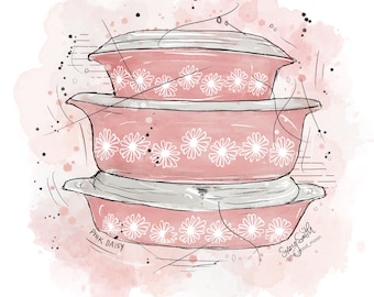 Vintage Pyrex Drawing Pink Daisy - DIGITAL DOWNLOAD