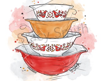 Puede incluir: Un conjunto de cuatro boles de mezcla vintage de color rojo, naranja y blanco con un diseño floral y de pájaros. Los boles están apilados uno encima del otro y el bol de abajo tiene la palabra "Friendship" escrita en él.