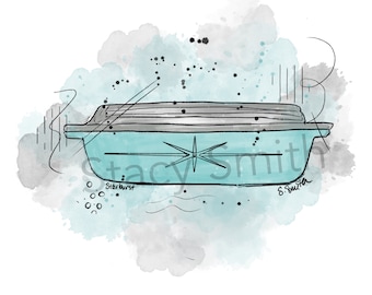 Vintage Pyrex Starburst Art PNG File, Retro Kitchen Decor, Mid Century Modern Print, Blue Pyrex Illustration (Digital Download)