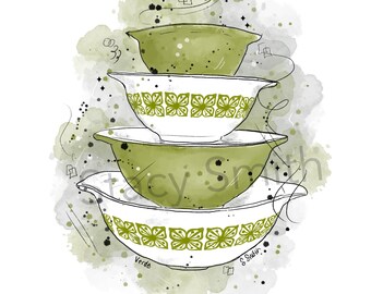 Vintage Pyrex Drawing Verde Green - DIGITAL DOWNLOAD