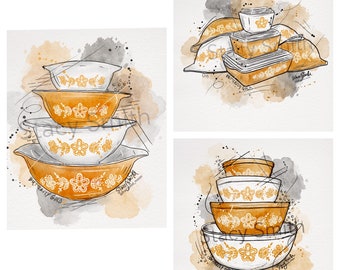 May include: A watercolor illustration of three stacks of vintage Pyrex bowls with a floral pattern. The bowls are in shades of yellow and orange with a white background. The text "Butterfly Gold" is written on the bottom bowl in each stack.