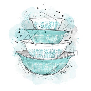 May include: A stack of four turquoise blue mixing bowls with a white floral pattern. The bowls are nested inside each other and have a vintage look. The text "Turquoise Bluebird Print" and "Stacy Smith" are written on the bottom of the bowls.