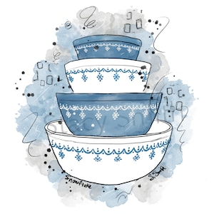 May include: A set of four blue and white mixing bowls with a snowflake pattern. The bowls are stacked on top of each other and have a watercolor background.