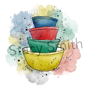May include: A watercolor painting of a stack of four bowls. The bowls are yellow, green, red, and blue. The bowls are stacked on top of each other and are surrounded by a watercolor background.