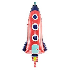 May include: A red and white rocket-shaped balloon with blue accents. The balloon features three circular windows, a small door, and a flame design at the bottom. The rocket is designed to stand upright.