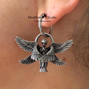 Silver Hoop Earrings, Seraphim Angle Earrings, Dangle Earrings, Stainless Steel Earrings, Goth Earrings, Statement Earrings, Grunge Earrings
