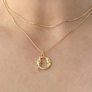 Dainty Gold Necklace with Moon Pendant, North Star Necklace, Layering necklace, Charm Necklace, Pendant Necklace, Circle Charm, Coin Charm