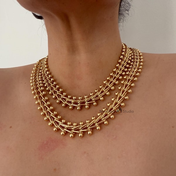 Colar dourado statement, Colar dourado, Colar vintage, Colar choker, Colar com corrente grossa, Colar de cota de malha, Joias vintage