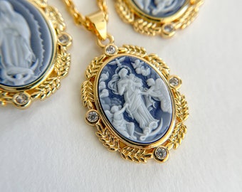 Cameo Necklace, Victorian Necklace, Layered Necklace, Vintage Necklace, Virgin Mary Necklace, Religious Necklace , Angel Necklace,