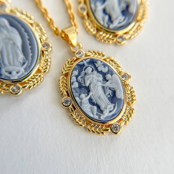 Cameo Necklace, Victorian Necklace, Layered Necklace, Vintage Necklace, Virgin Mary Necklace, Religious Necklace , Angel Necklace,