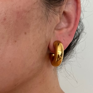 May include: Gold hoop earrings with a thick, rounded design. The earrings are worn in a person's ear.