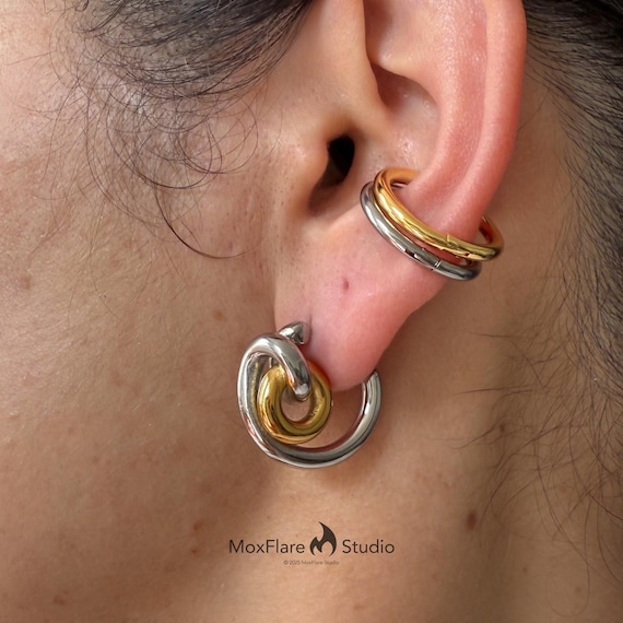 Silver Hoop Earrings, Mixed Metal Stainless Steel Earrings, Spiral Earrings, Punk Earrings,  Gothic Earrings, Gothic Jewelry