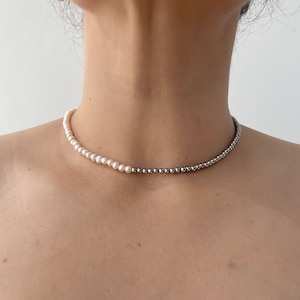 Silver Pearl Necklace, Dainty Fresh Water Pearl, Tiny Pearl Necklace, Stainless Steel Necklace,Pearl Choker, Layered Necklace, Choker