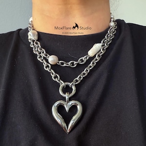 Collar de plata con corazón grueso, collar de plata, collar de plata con corazón, collar grueso, collar llamativo, collar de acero inoxidable