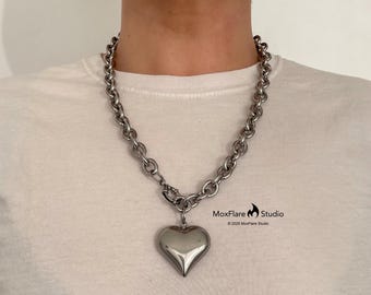 Zilveren gezwollen hartketting, roestvrijstalen ketting, statementketting