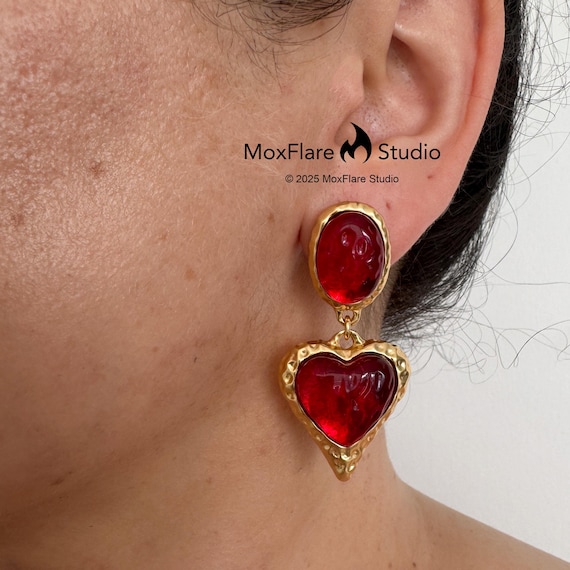 Gold Earrings Red Heart Earrings Dangle Earrings Drop Earrings Vintage Earrings Statement Earrings Ruby Red Earrings 90s Earrings Y2K