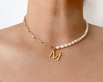 Personalized Name Necklace, Initial Necklace, Pearl necklace, Pearl Choker, Paper Clip Chain, Custom Name Necklace, Christmas Gift,