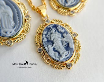 Cameo Necklace, Victorian Necklace, Layered Necklace, Vintage Necklace, Virgin Mary Necklace, Religious Necklace , Angel Necklace,