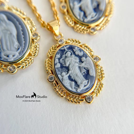 Cameo Necklace, Victorian Necklace, Layered Necklace, Vintage Necklace, Virgin Mary Necklace, Religious Necklace , Angel Necklace,