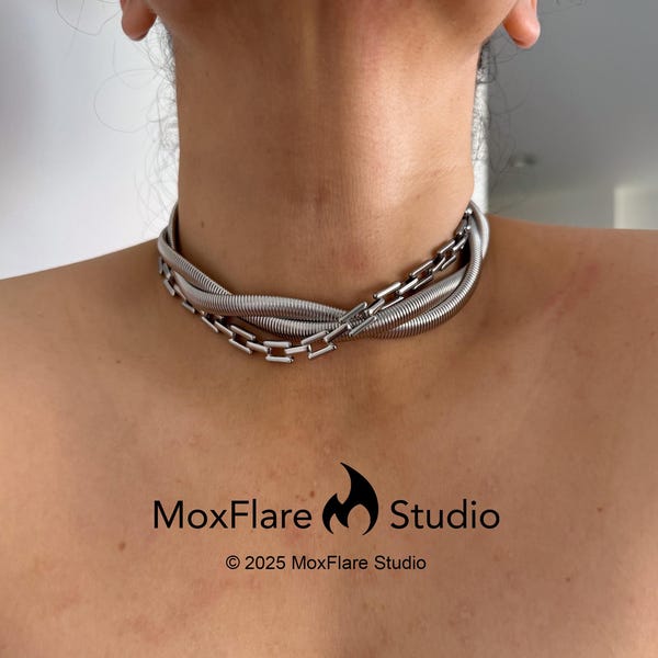 Conjunto de collar de plata, collar llamativo, collar grueso, collar abultado, collar de capas, collar de estilo vintage, cadena de serpiente, regalo para ella