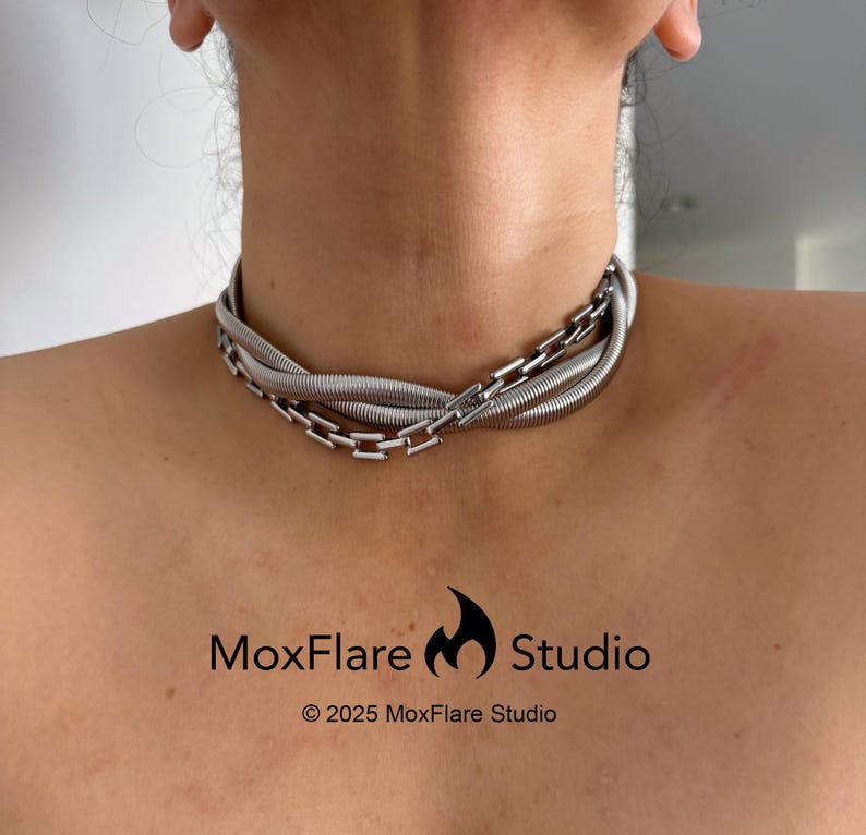 Silverhalsbandset Statementhalsband Chunky halsband Skrymmande halsband Lagerhalsband Halsband i vintagestil Ormkedja Present till henne bild 1