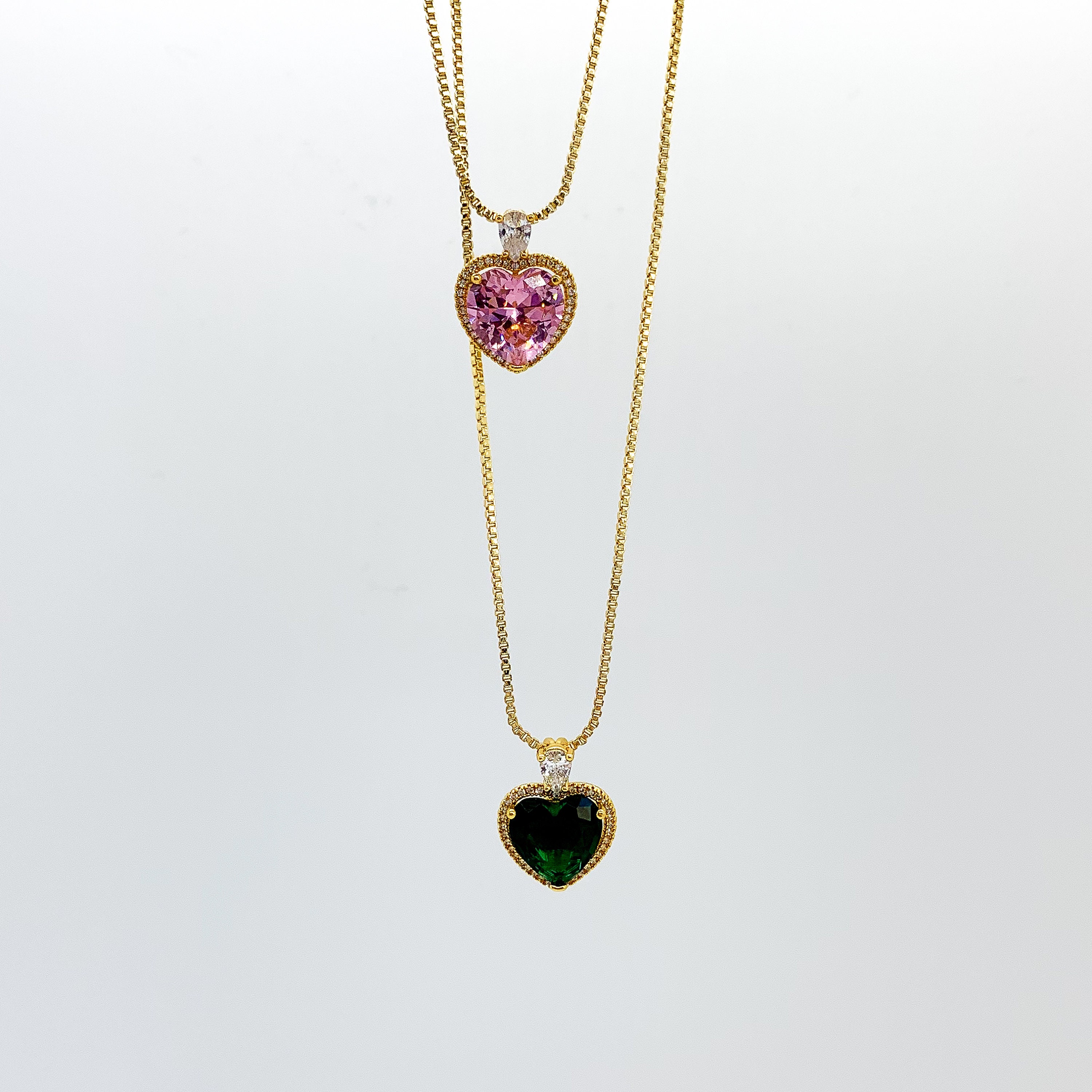 Heart Necklace, Heart Pendant, Emerald Necklace, Pink Heart