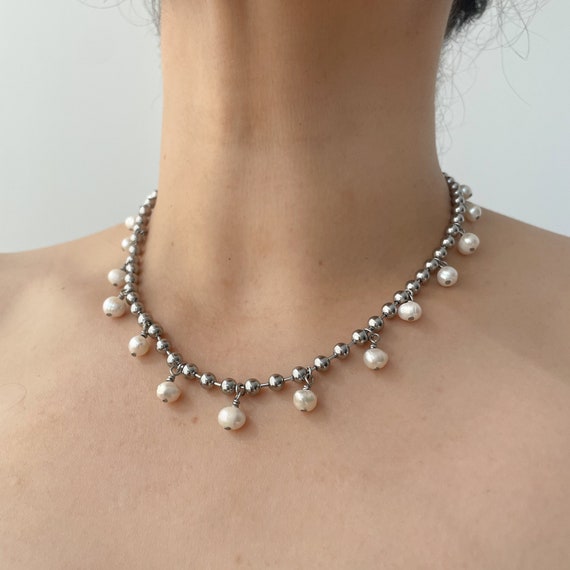 ☆関税込☆BLACKPURPLE★8mm Little Pearl Ball Chain Necklace 8 mm pearl little ball chain necklace - BLACKPURPLE_USD