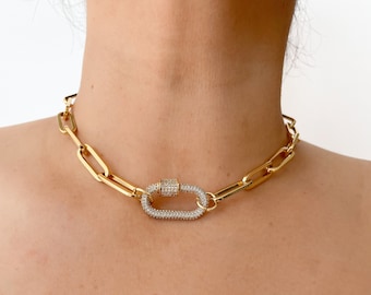 Gold Necklace, Chunky Paper Clip Chain, Statement Necklace, Screw Clasp Necklace, Hardware Necklace Choker