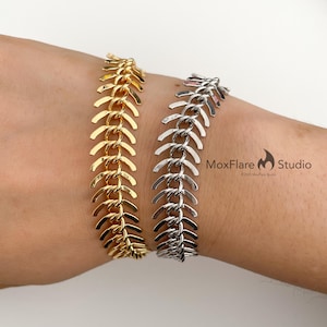 Fishbone Bracelet, Gold Statement Bracelet, Silver StatementBracelet, Unisex, Mens Bracelet, Statement Chain Bracelet,
