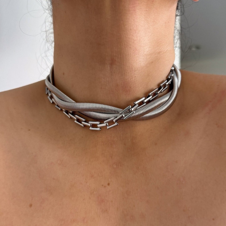 Silverhalsbandset Statementhalsband Chunky halsband Skrymmande halsband Lagerhalsband Halsband i vintagestil Ormkedja Present till henne Silver