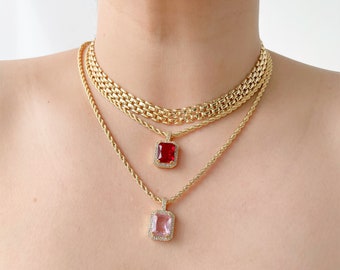 Gold Necklace With Ruby Pendant, Statement Necklace, Square Pendant,Pink Pendant, Baguette Necklace, Handmade Necklace, Layered Necklace