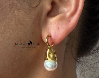 Pendientes de aro de oro, pendientes de botón de oro, pendientes de perlas, pendientes de plata, pendientes gruesos, pendientes llamativos, regalo para ella. No se empañan.