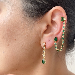 Emerald Earrings, Double Piercing Earrings, Double Stud Earrings, Connected Earrings, Gift for Her, Christmas gift, Gift for Mom