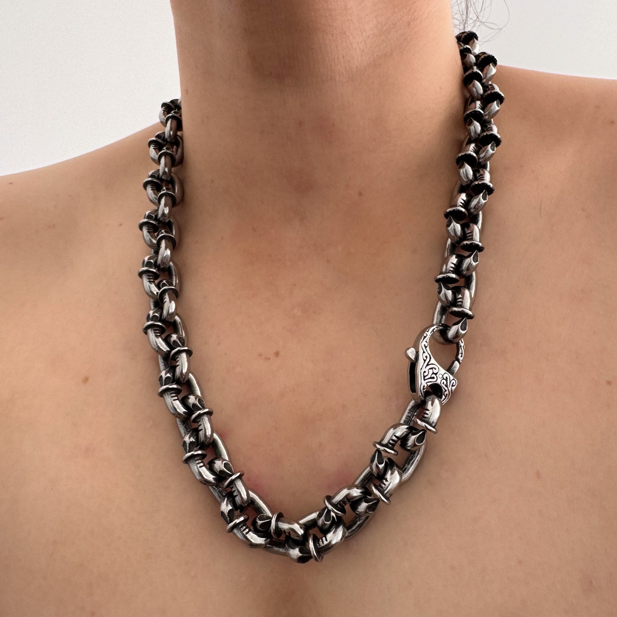 90s ヴィンテージ シルバーホース y2k シルバー925 K&T Silver Chain Necklace Gothic Necklace, Stainless Steel Necklace