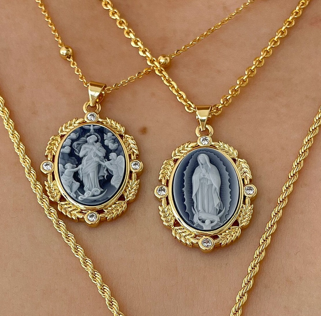 Cameo Necklace, Lady Guadalupe necklace Victorian Necklace, Layering Necklace, Virgin Mary Necklace, Religious Necklace , Angel Necklace