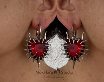 Silver Earrings Red Heart Earrings Spiky Earrings Punk Earrings Gothic Silver Earrings Stainless Steel earrings Edgy Earrings Statement