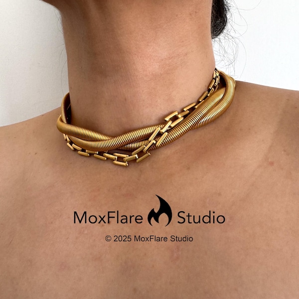 Conjunto de colar dourado, colar para usar em camadas, colar dourado marcante, colar com corrente de cobra, colar estilo vintage, presente para ela, presente para a mãe