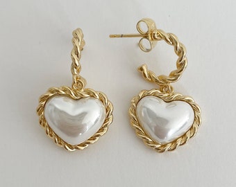 Heart Earrings, Minimalist Earrings, Dangle Heart Earrings, Small Puffy Heart, Gold Hoop Earrings, Gift For her birthday, Christmas Gift