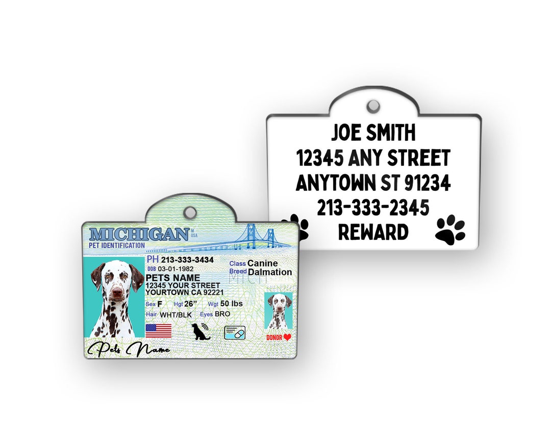 Michigan State Drivers License Custom Pet ID Tag, Personalized Dog ID Tag,  Pet ID Tags, Dog Tag, Novelty Pet Tag, All States Available