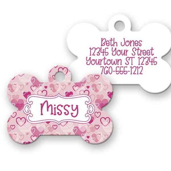 Personalized Pet Tags, Pink Hearts, Name, contact info, two sided, bone, heart or round. Personalized Dog tag, Pet Tag, Custom ID Tag