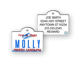 North Carolina State License Plate Custom Pet ID Tag, Personalized Dog ID Tag,  Pet ID Tags, Dog Tag, Novelty pet tag, all states available