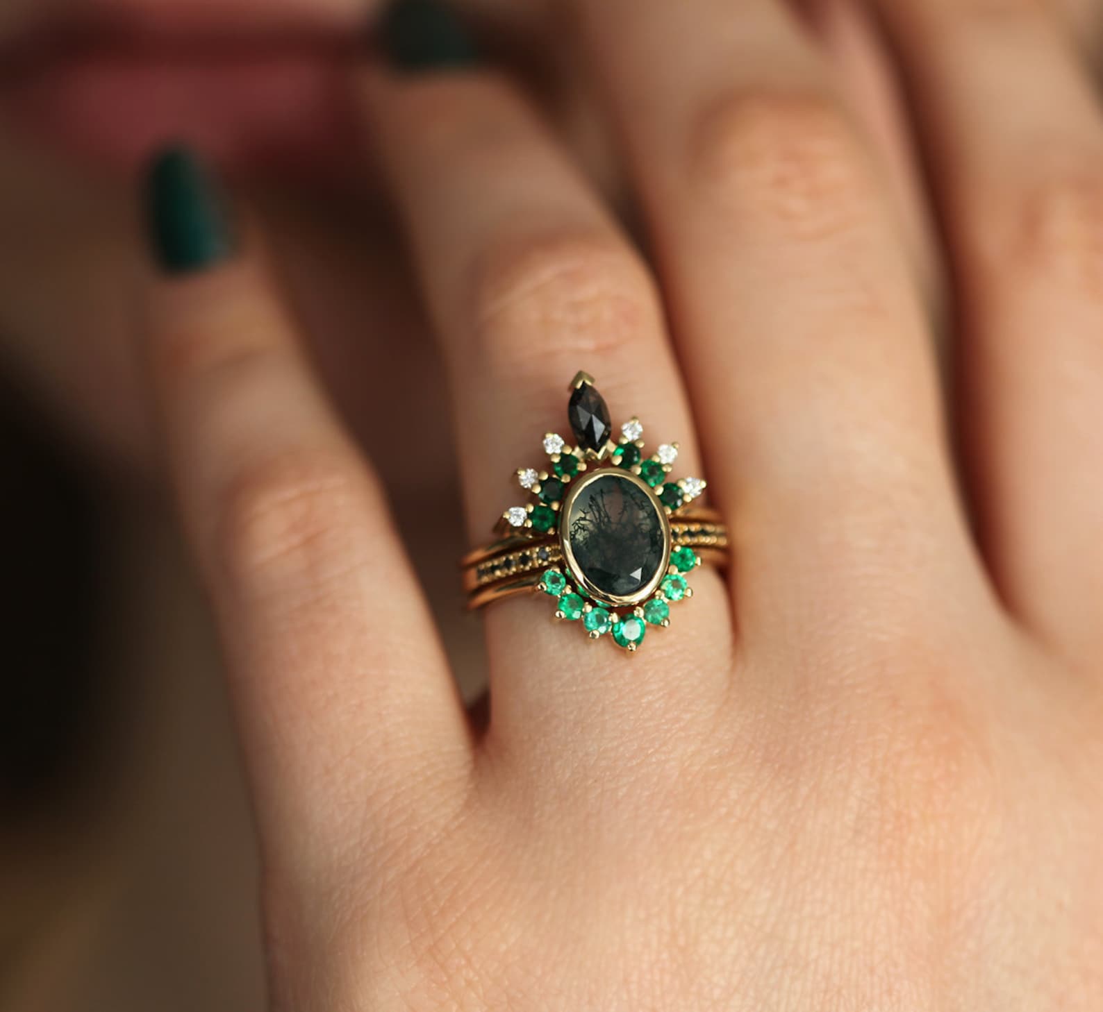 Engagement and Wedding Ring Moss Agate Ring With Emerald | Etsy