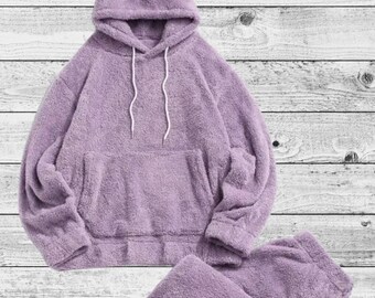 Unisex Fluffy Hoodie Pants Purple Track 